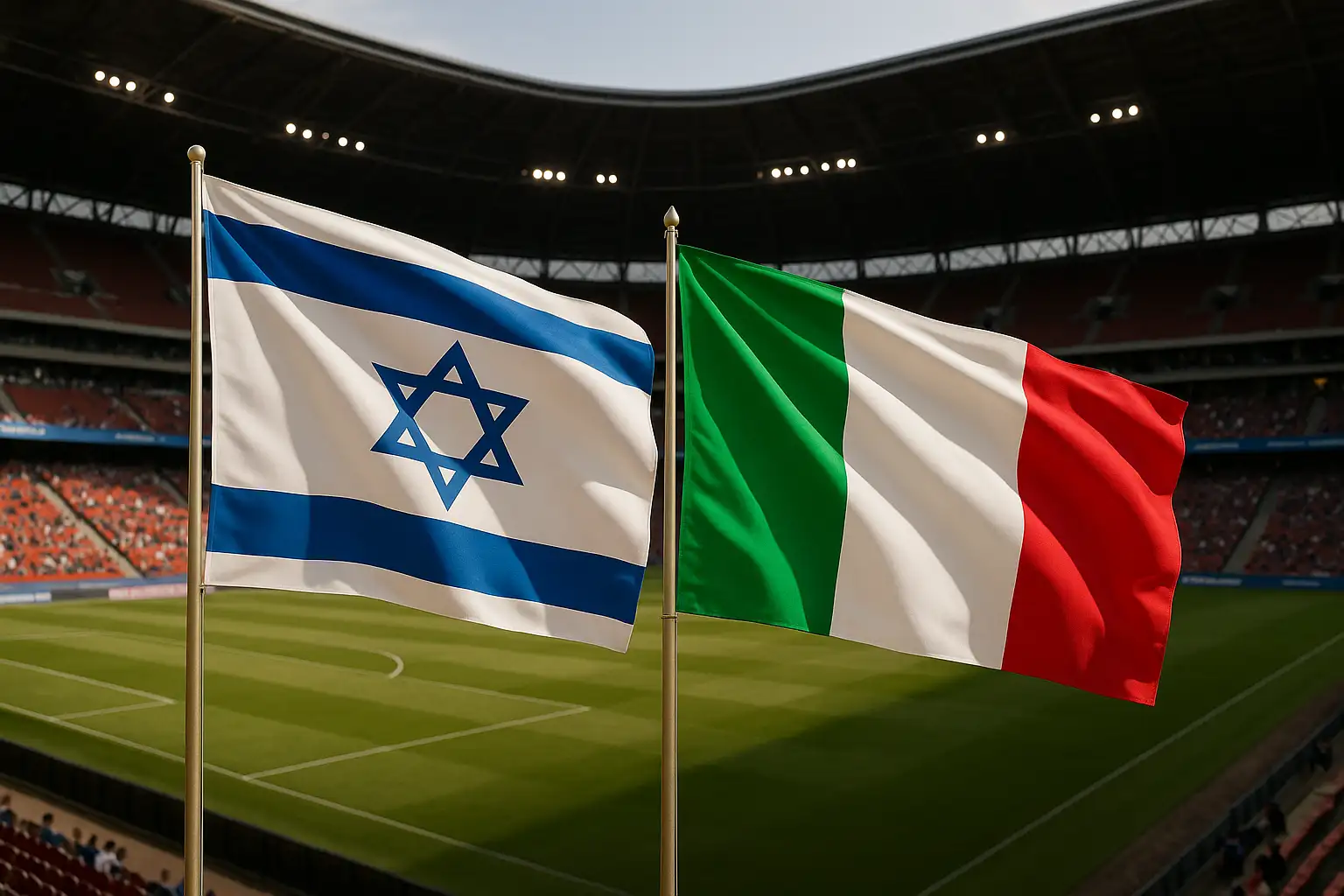 Prediksi Skor Israel vs Italia bendera Israel dan Italia di stadion